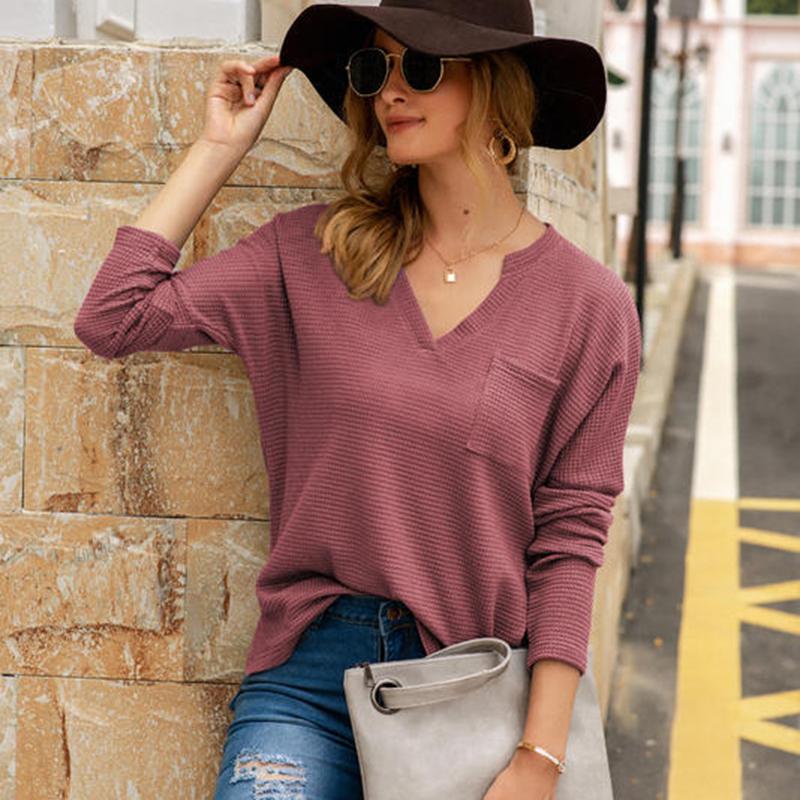 Anna-Kaci Waffle Knit Shirt Pocket Long Sleeve V Neck Line Light Top for Women Large 8-10 / Mauve Pink