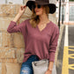 Anna-Kaci Waffle Knit Shirt Pocket Long Sleeve V Neck Line Light Top for Women Large 8-10 / Mauve Pink