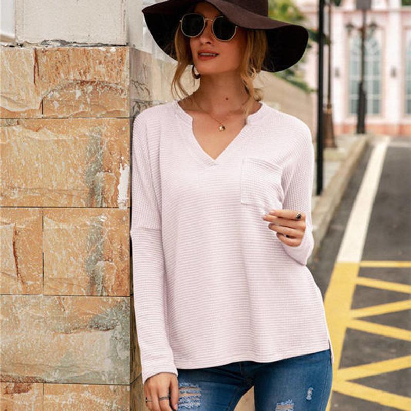 Anna-Kaci Waffle Knit Shirt Pocket Long Sleeve V Neck Line Light Top for Women Large 8-10 / Pink