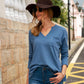 Anna-Kaci Waffle Knit Shirt Pocket Long Sleeve V Neck Line Light Top for Women