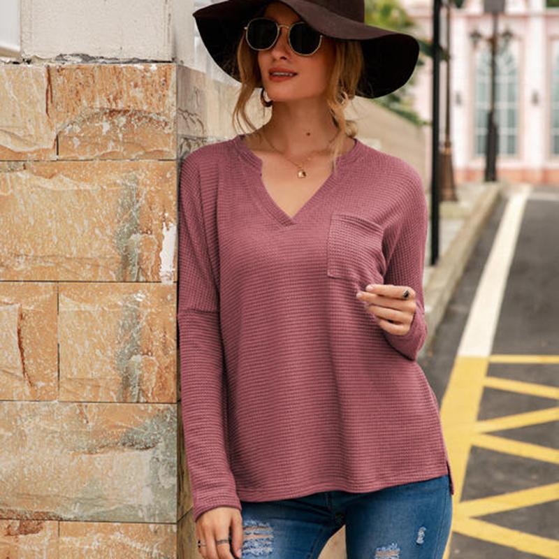 Anna-Kaci Waffle Knit Shirt Pocket Long Sleeve V Neck Line Light Top for Women