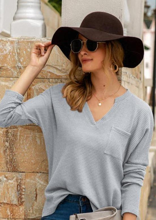 Anna-Kaci Waffle Knit Shirt Pocket Long Sleeve V Neck Line Light Top for Women