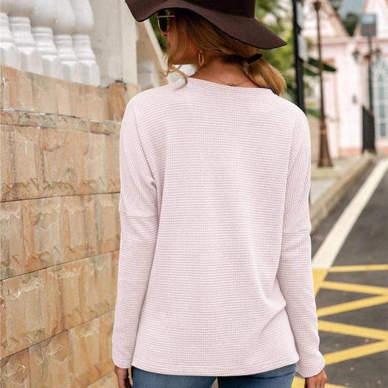 Anna-Kaci Waffle Knit Shirt Pocket Long Sleeve V Neck Line Light Top for Women