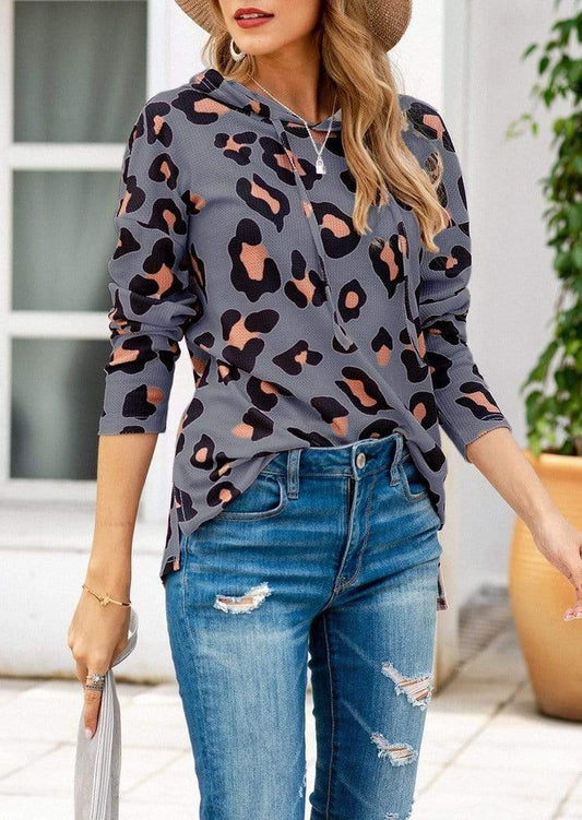 Anna-Kaci Waffle Knit Thin Light Leopard Print Hoodie Adjustable Strings for Women Large 8-10 / Gray