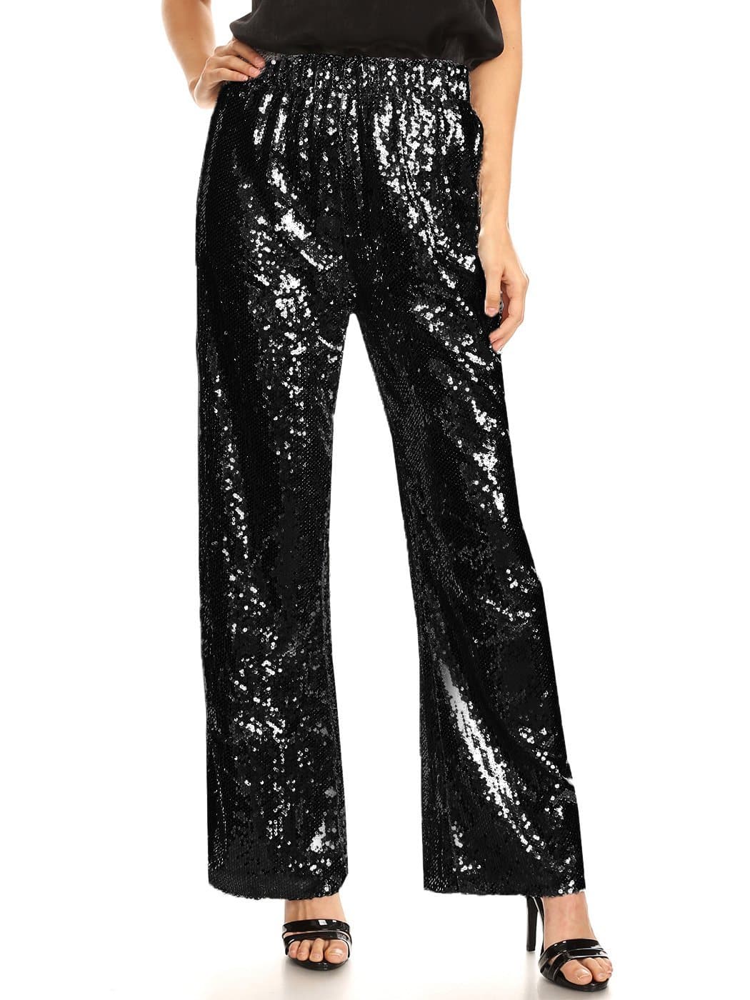 Anna-Kaci Women's Stretch Waist Sparkly Sequin 70,s Disco Flare Wide Leg Pants - Anna-Kaci Small / Black