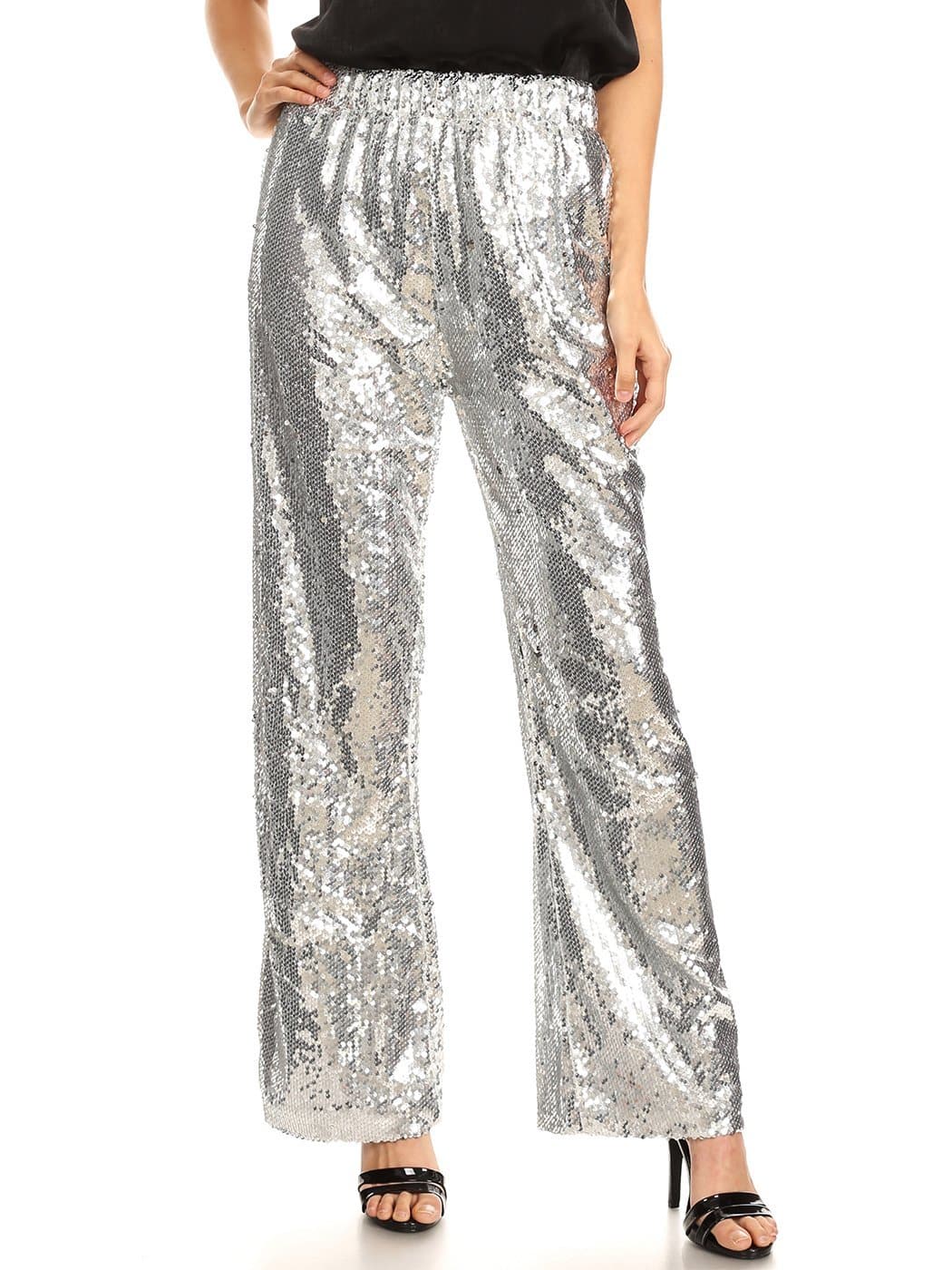 Anna-Kaci Women's Stretch Waist Sparkly Sequin 70,s Disco Flare Wide Leg Pants - Anna-Kaci Small / Silver