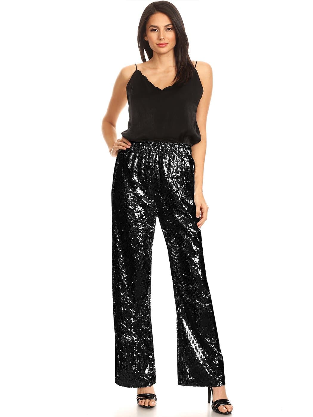 Anna-Kaci Women's Stretch Waist Sparkly Sequin 70,s Disco Flare Wide Leg Pants - Anna-Kaci