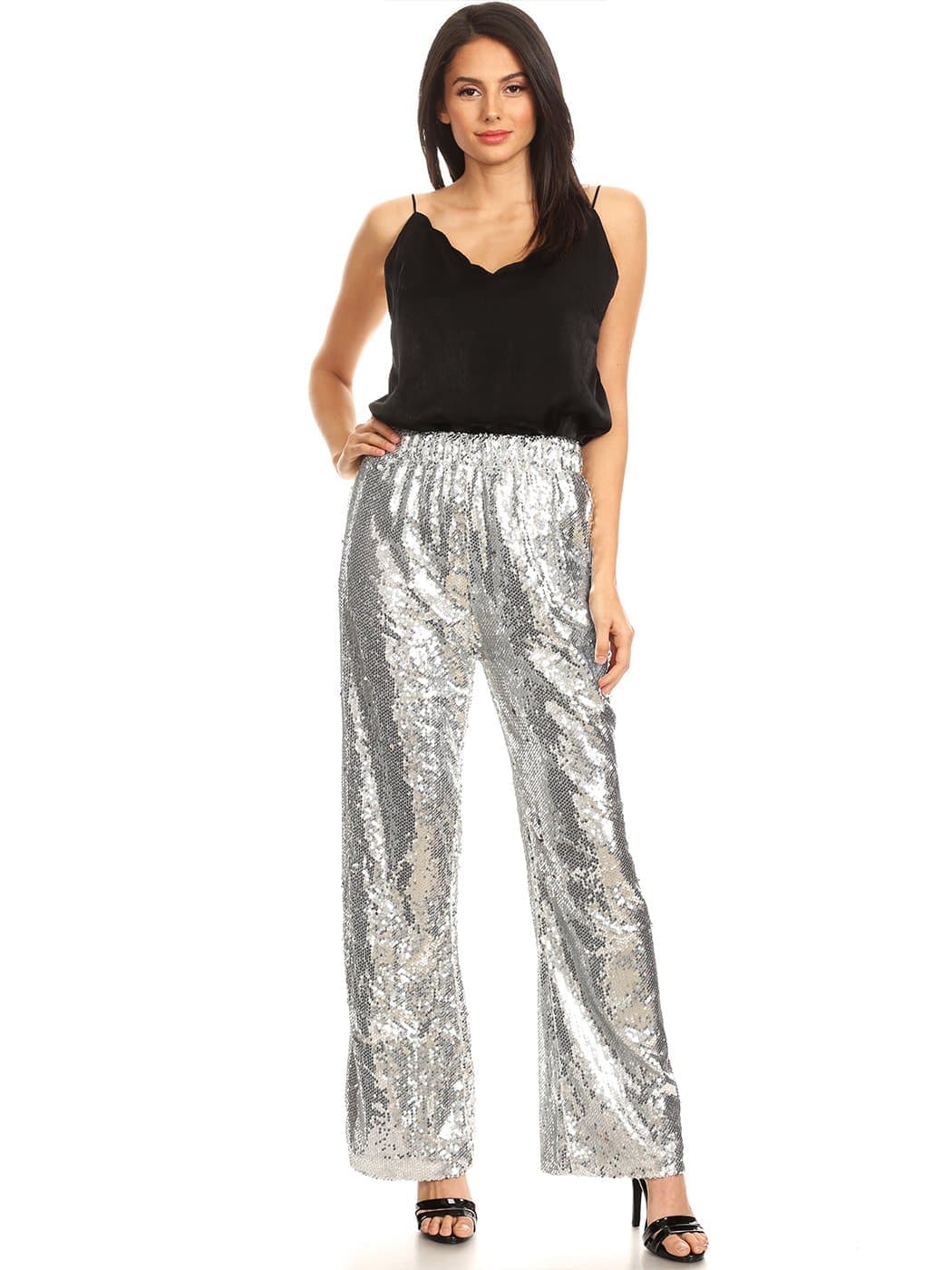 Anna-Kaci Women's Stretch Waist Sparkly Sequin 70,s Disco Flare Wide Leg Pants - Anna-Kaci