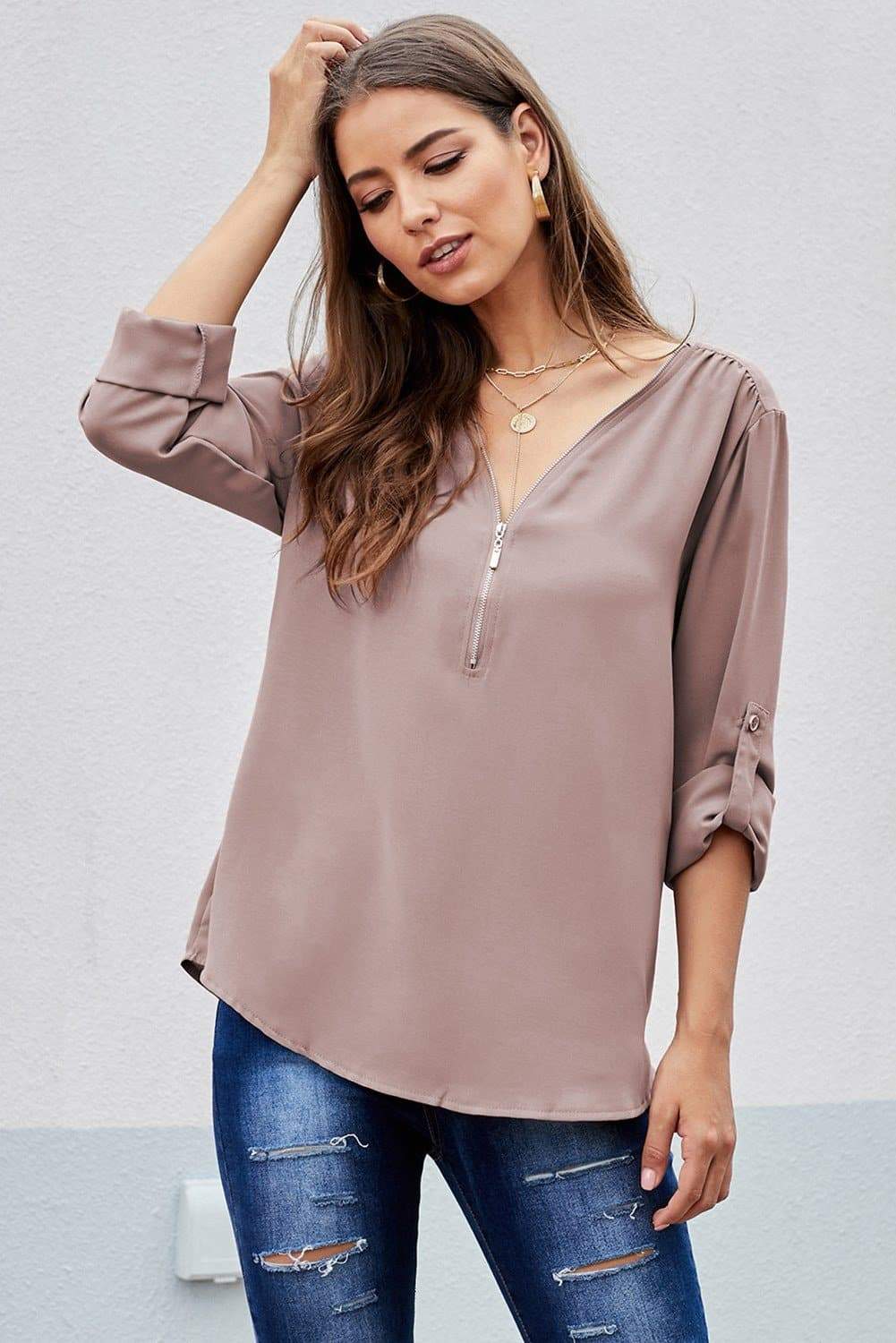 Anna-Kaci Zip Up Cuffed Sleeve Casual Blouse Lightweight for Women Blush Mauve / Small 0-4