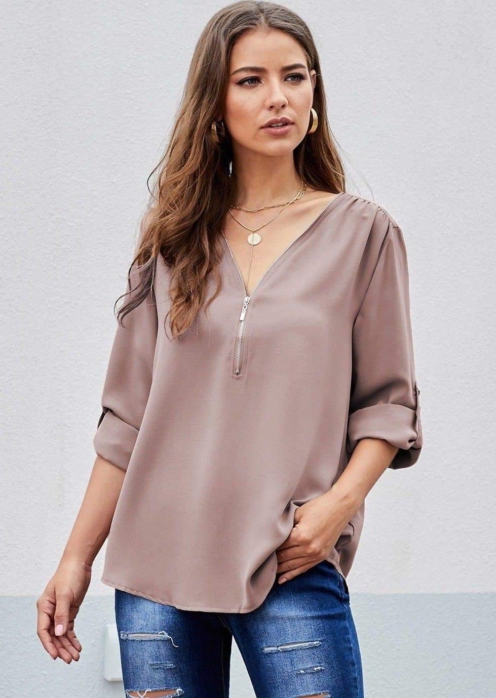 Anna-Kaci Zip Up Cuffed Sleeve Casual Blouse Lightweight for Women