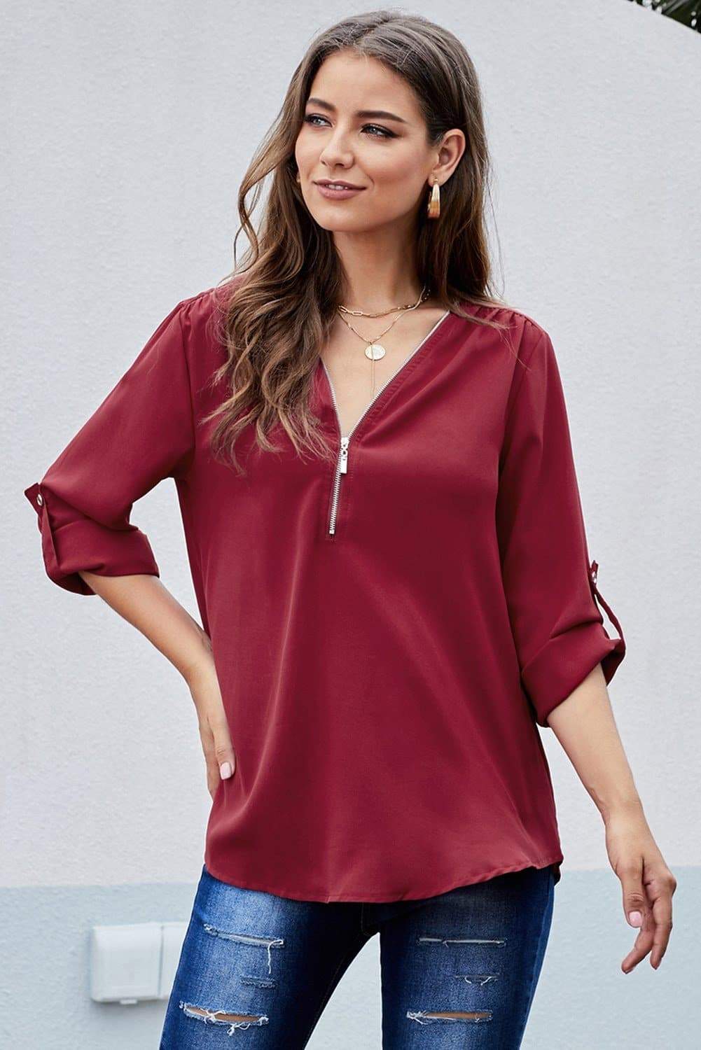 Anna-Kaci Zip Up Cuffed Sleeve Casual Blouse Lightweight for Women