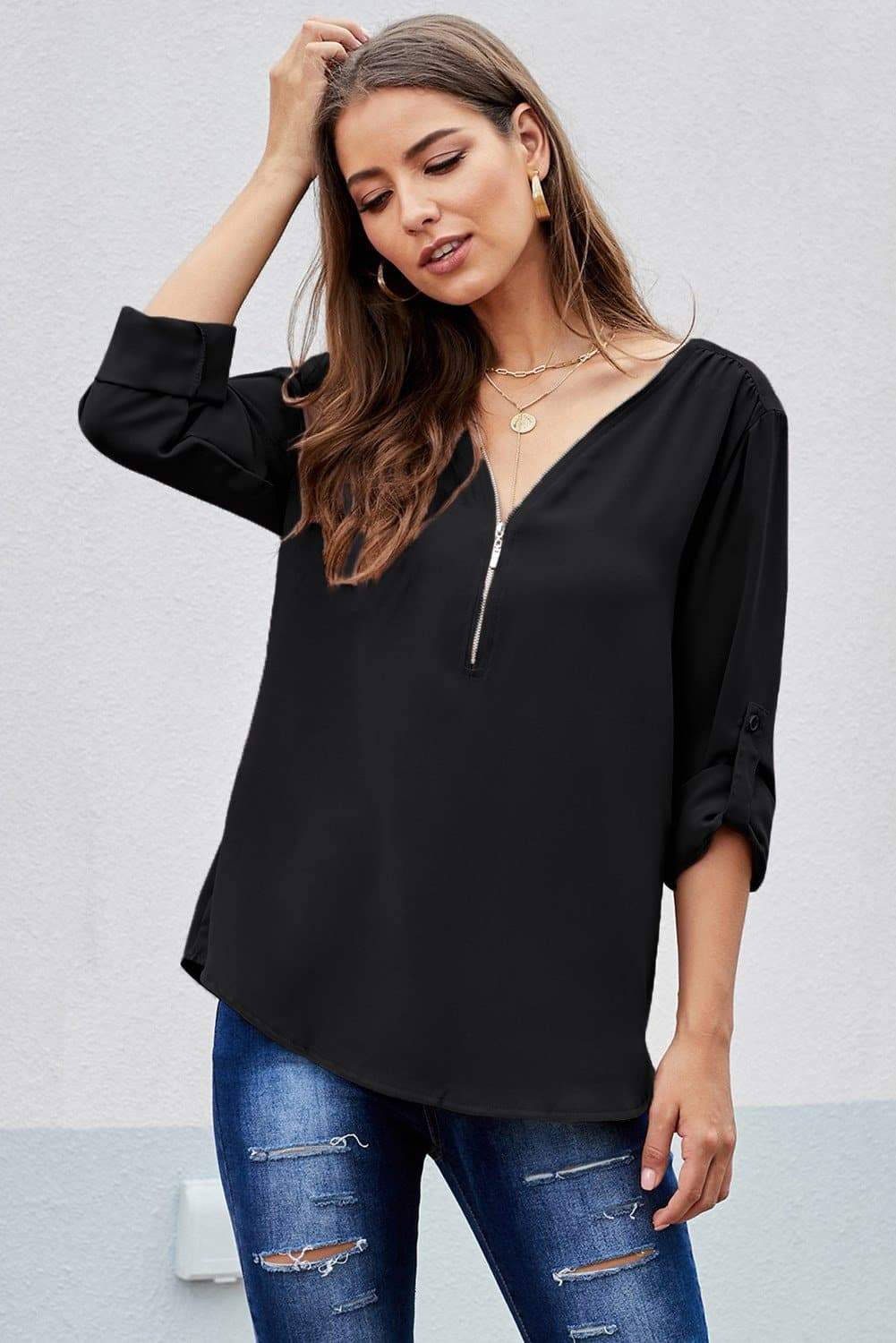 Anna-Kaci Zip Up Cuffed Sleeve Casual Blouse Lightweight for Women