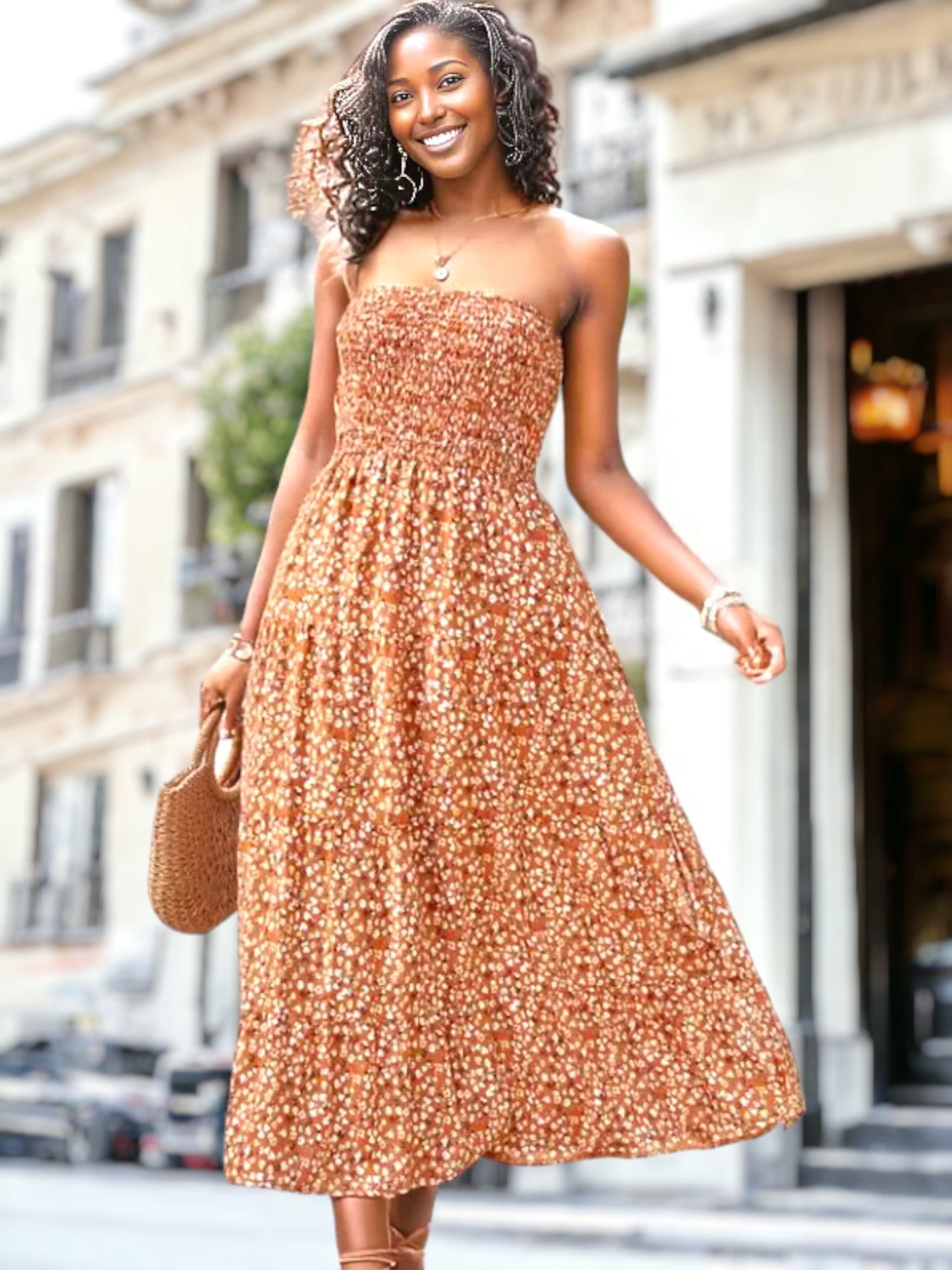 Strapless Floral Print Tiered Dress