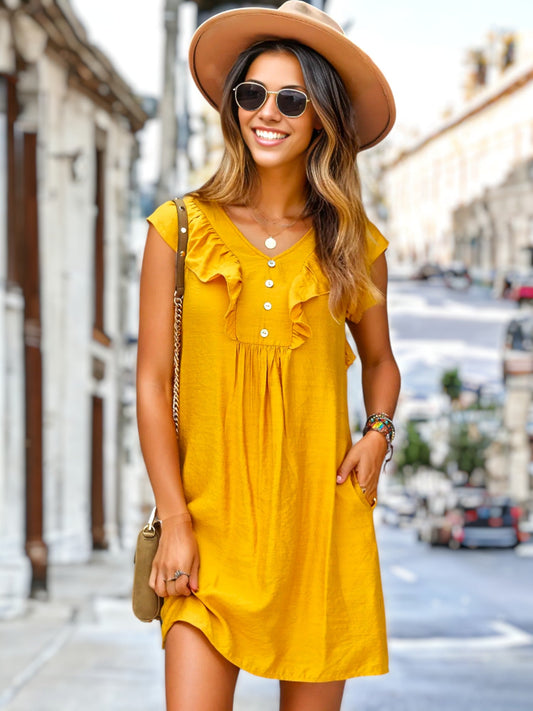 Ruffle Front Button Shift Dress