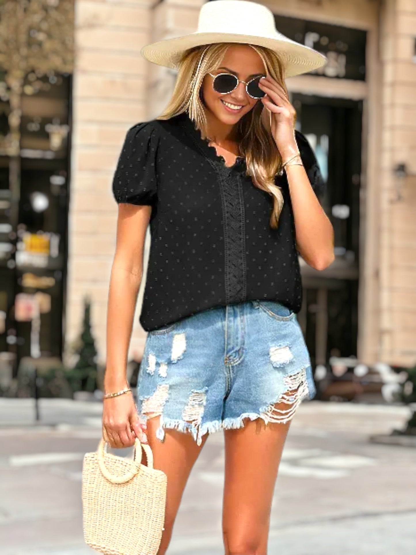 V Neck Lace Trim Puff Sleeve Blouse