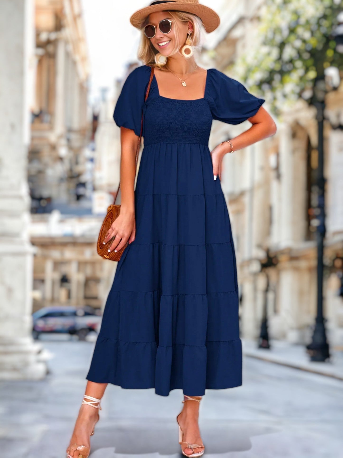 Square Neck Puff Sleeve Midi Dress