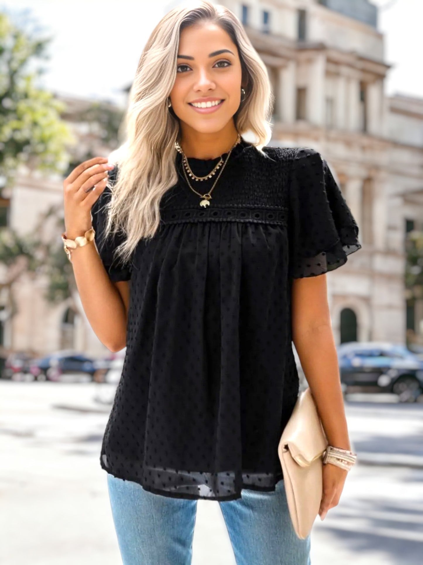 Shirred Lace Detail Blouse