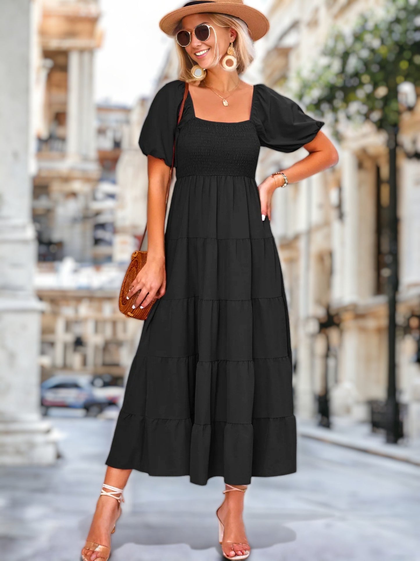 Square Neck Puff Sleeve Midi Dress