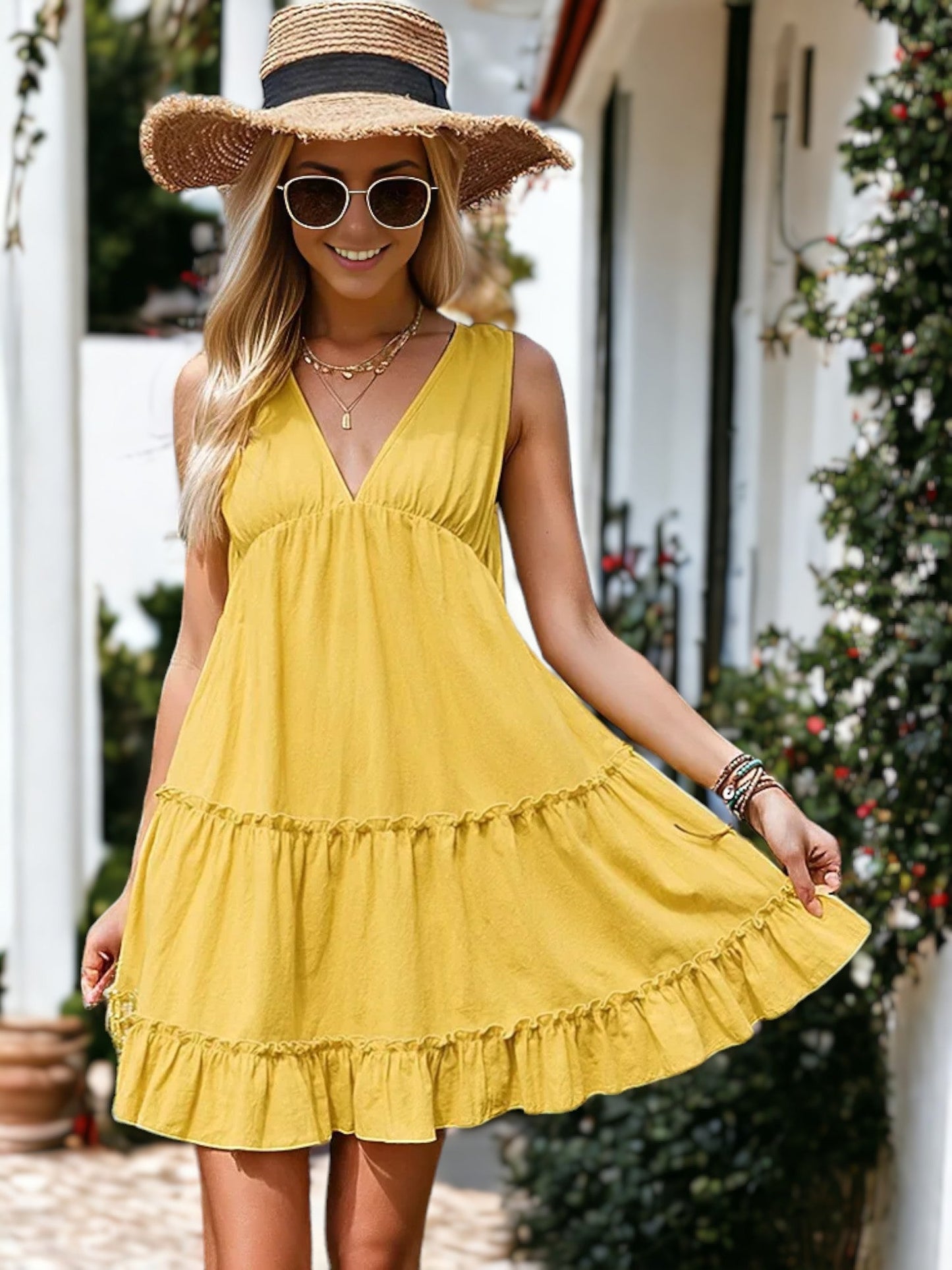 Plunge Neck Tie Back Summer Tunic Sleeveless Dress