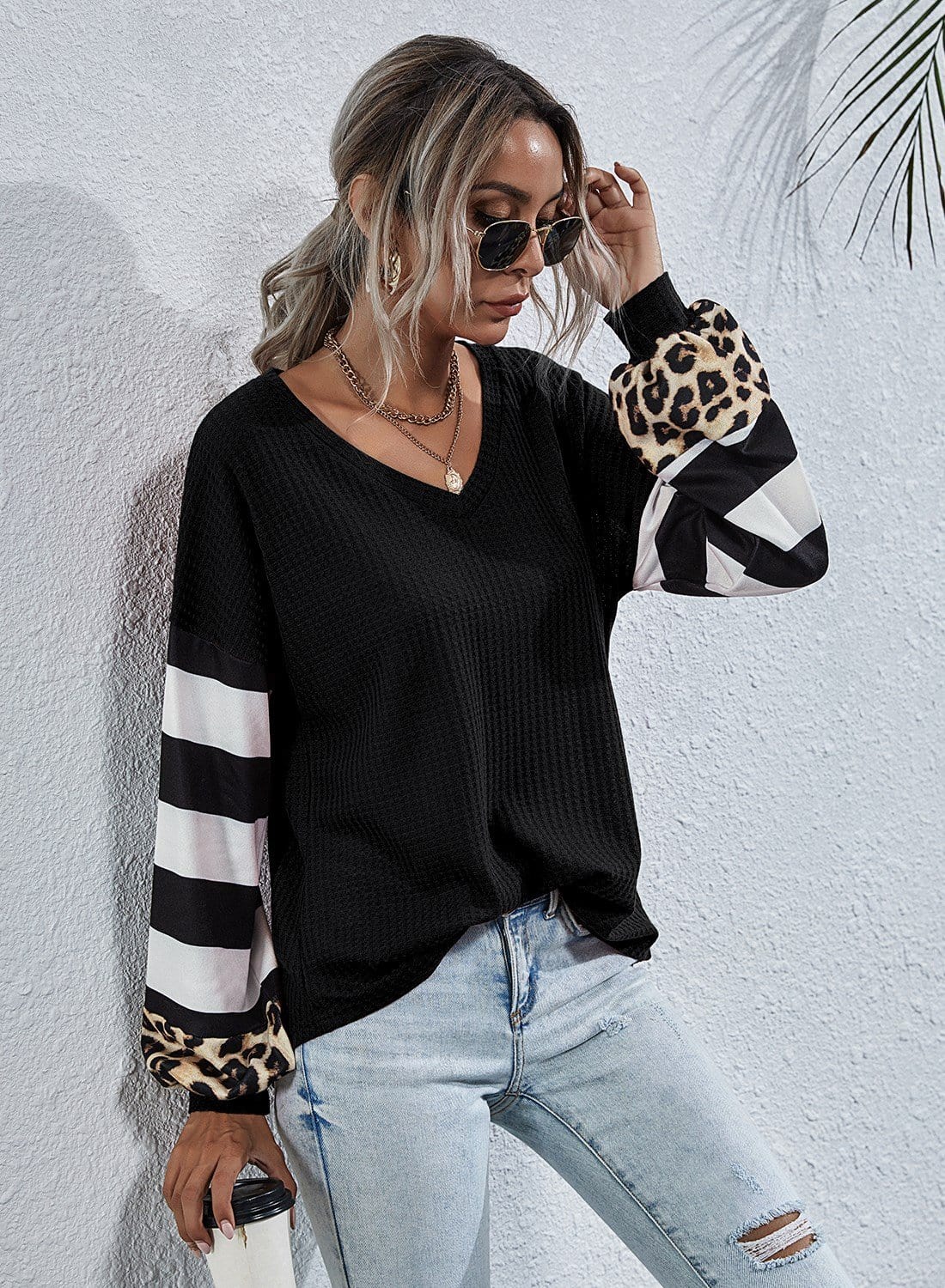 Striped and Leopard Pattern Contrast Sweater