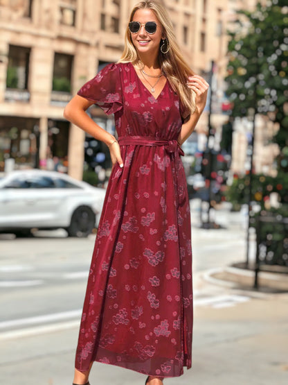 Floral Sheer Detail Wrap Dress