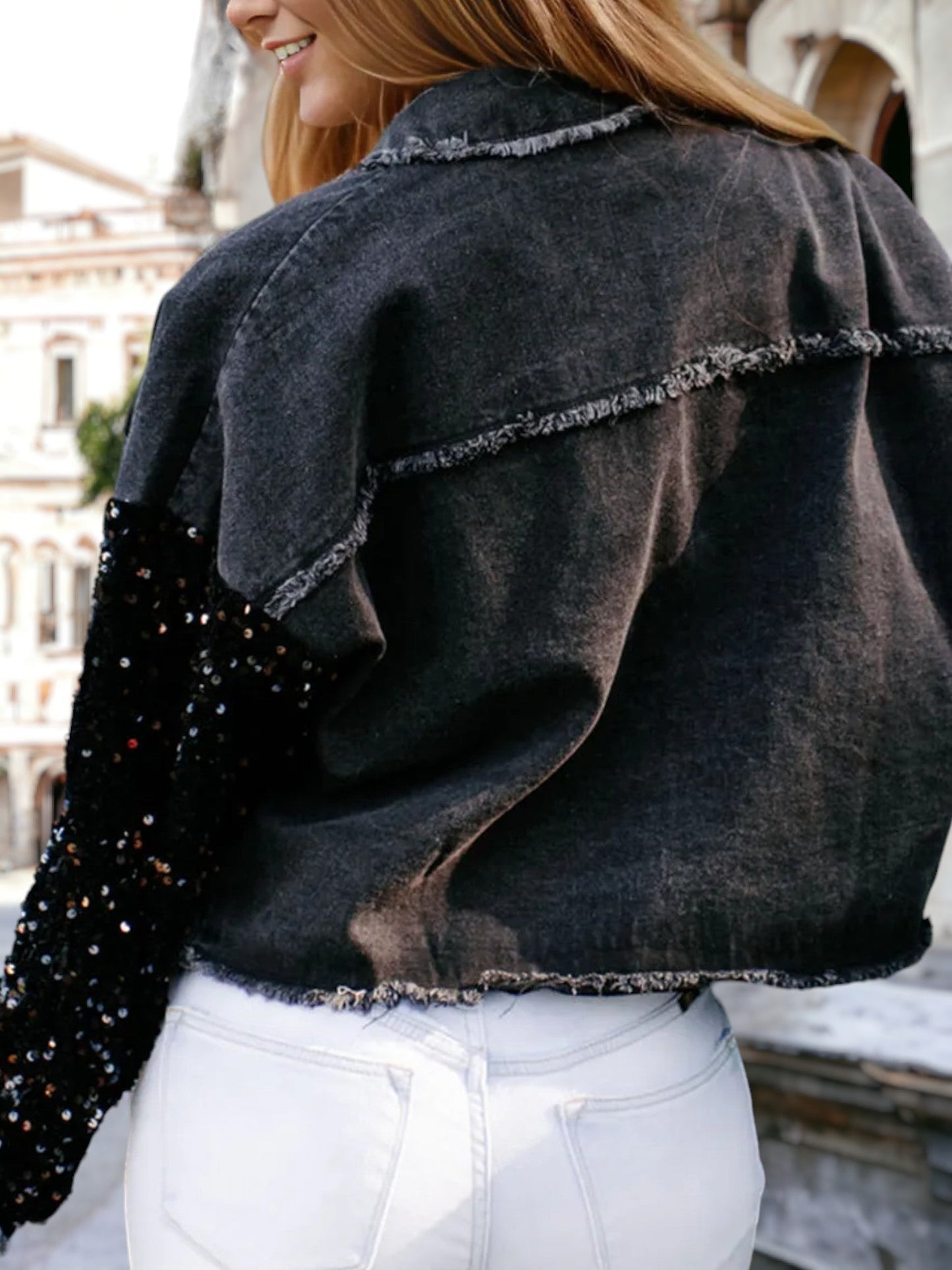 Sequin Long Sleeve Button Down Cropped Denim Jacket