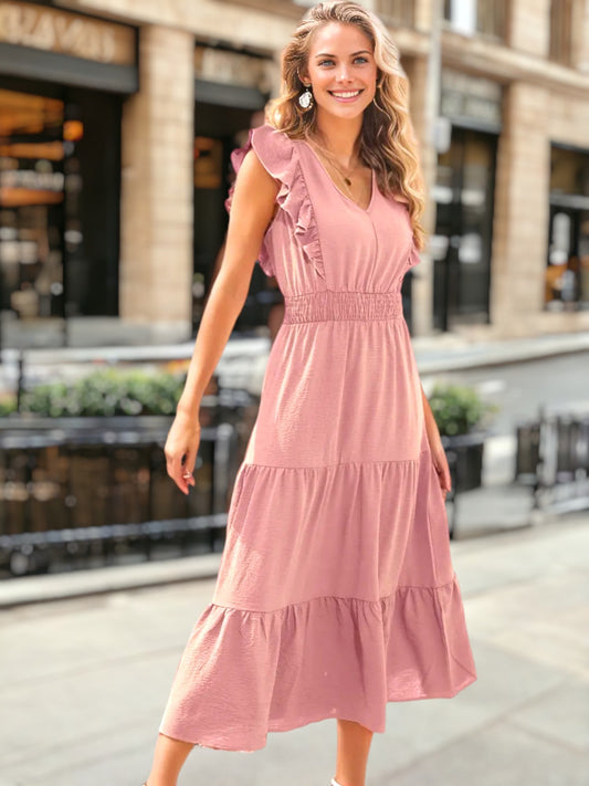 V Neck Ruffle Detail Tiered Dress