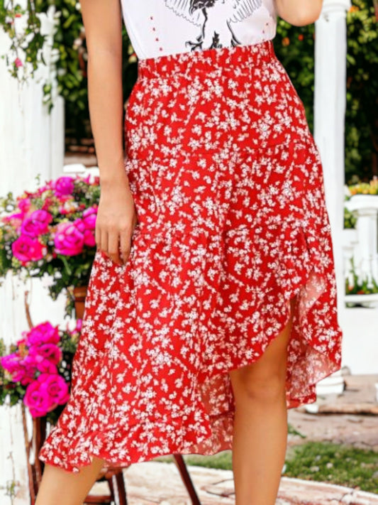 Floral Asymmetrical Hem Tiered Skirt