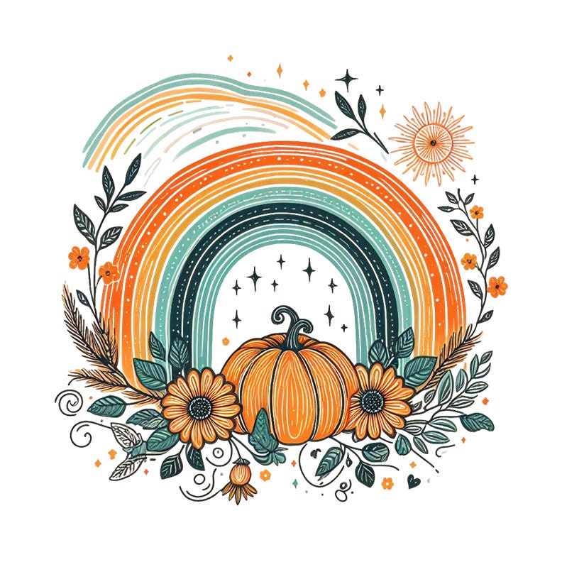 Pumpkin & Sunflowers Rustic Rainbow T-Shirt, Sun-Kissed Horizon, Nature's Splendor, Boho Shirts ,Oversized Shirts, Retro Fall, Pumpkin Patch