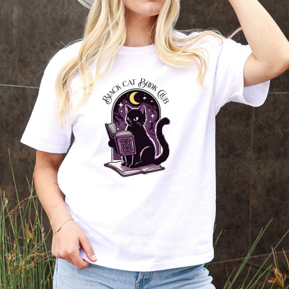 Black Cat Book Club Halloween T-Shirt - Whimsical Cat Reading, Night Sky, Purple & Black Tee, Cat Halloween, Vintage Halloween Tee, Retro