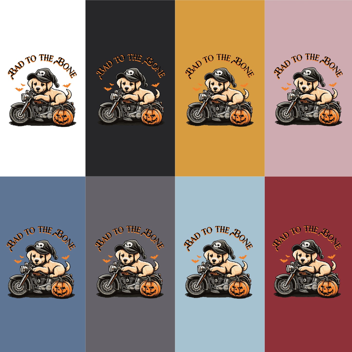 Bad to the Bone Puppy Motorcycle T-Shirt - Pumpkins, Bats, Witch Hat, Halloween Fun, Oversized Shirts, Retro Halloween, Halloween Tee