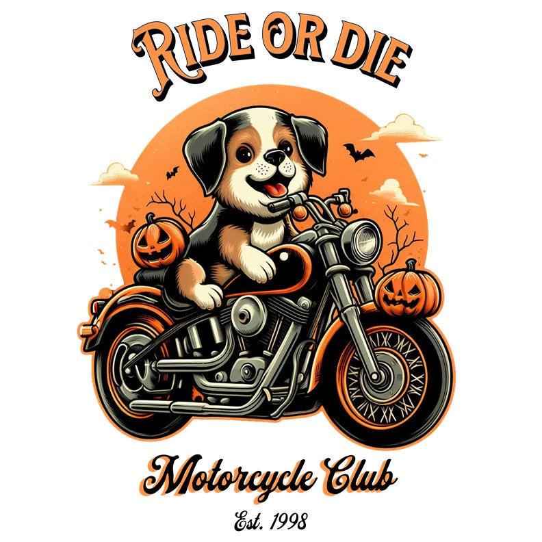 Puppy Ride or Die Motorcycle T-Shirt - Autumn Moon, Pumpkins, Bats, Vintage Halloween t-Shirt, Puppy, Fall Shirt, Vintage Halloween t-Shirt