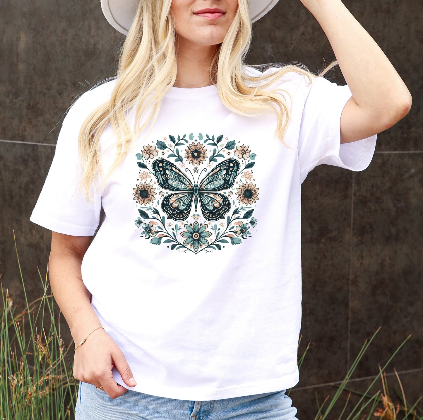 Bohemian Blue Butterfly Kaleidoscope T-Shirt - Floral Beauty, Vibrant Colors, Boho Shirts, Retro Blue, Boho, Wild Child, Wanderlust