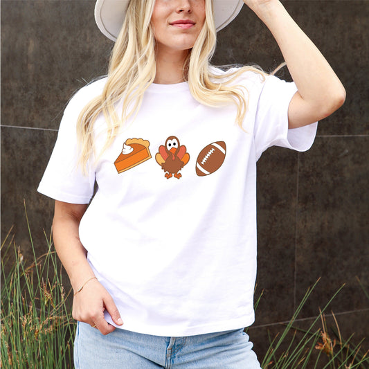 Thanksgiving Game Day Cartoon Tee - Pumpkin Pie, Turkey, Football Fun, Retro Fall Top, Fall Shirt, Game Day, Football, Party