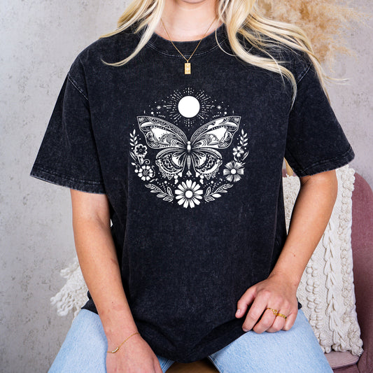 Butterfly & Flower Sunburst T-Shirt - Bold White Design, Acid Wash Aesthetic, Boho Shirts, Oversized Shirts, Wanderlust, Plant Girl