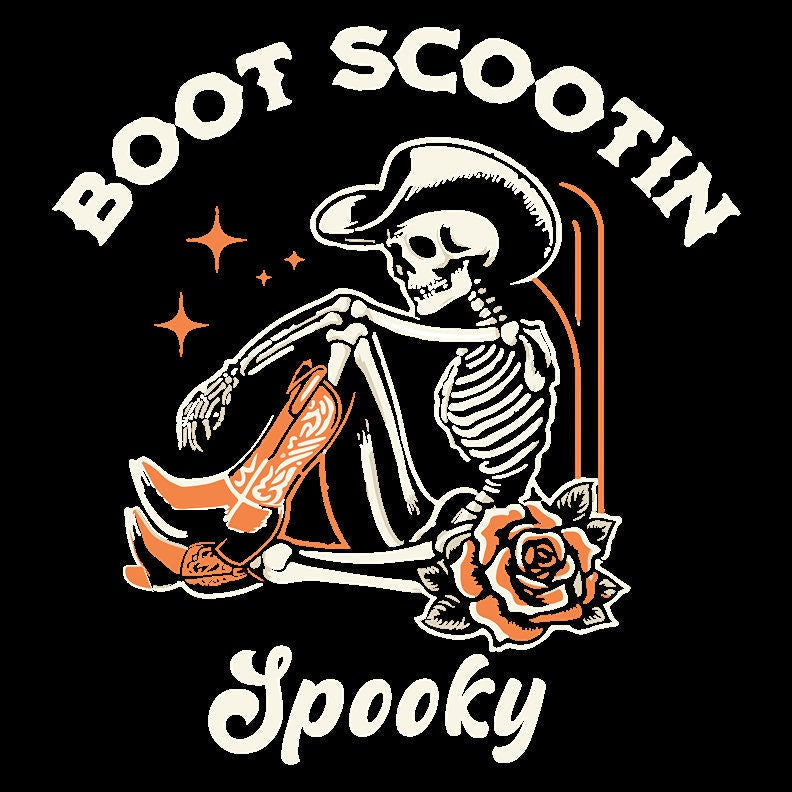 Boot-Scootin Spooky Cowboy Skeleton Tee - Western Vibes, Ivory & Orange Rose, Retro Halloween, Vintage Halloween t-Shirt, Halloween Tee