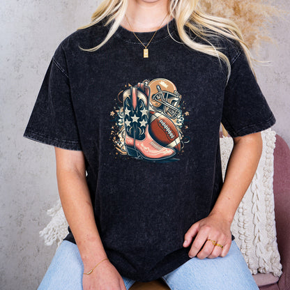 Western Boots & Football Game Day Tee - Fiery Fireworks, Starry Western Style, Game Day, Celebrate Your Team, Cowboy Boots