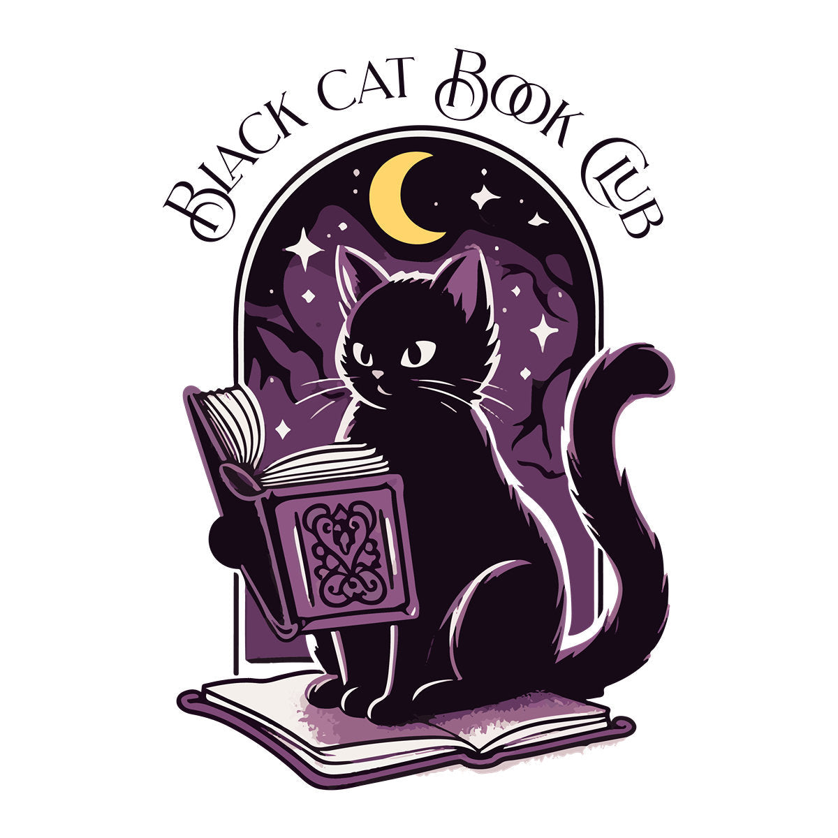 Black Cat Book Club Halloween T-Shirt - Whimsical Cat Reading, Night Sky, Purple & Black Tee, Cat Halloween, Vintage Halloween Tee, Retro