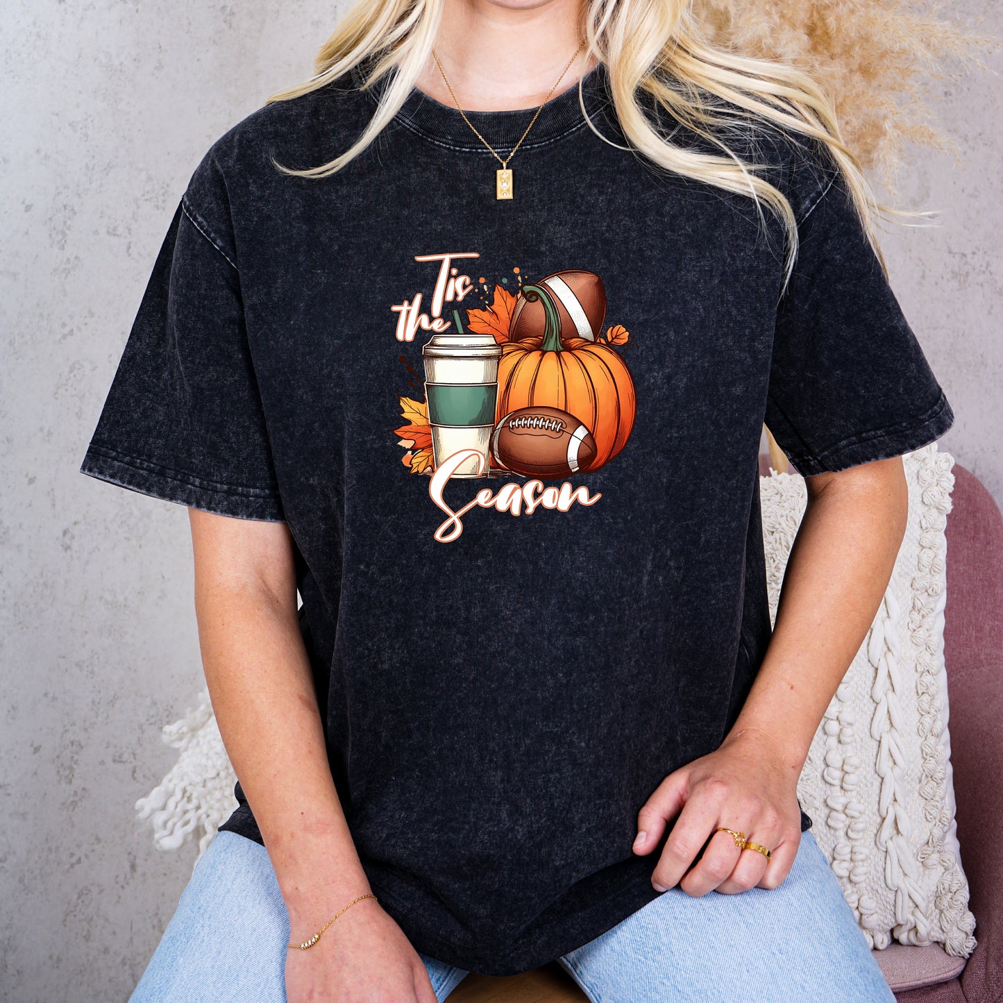 Autumn Game Day "Tis the Season" Football Tee - Pumpkin, Leaves, Starbucks, Sports Tee, Boho Fall Tee, Tailgate Tee, Game Event Tee