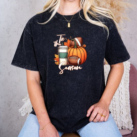 Autumn Game Day "Tis the Season" Football Tee - Pumpkin, Leaves, Starbucks, Sports Tee, Boho Fall Tee, Tailgate Tee, Game Event Tee