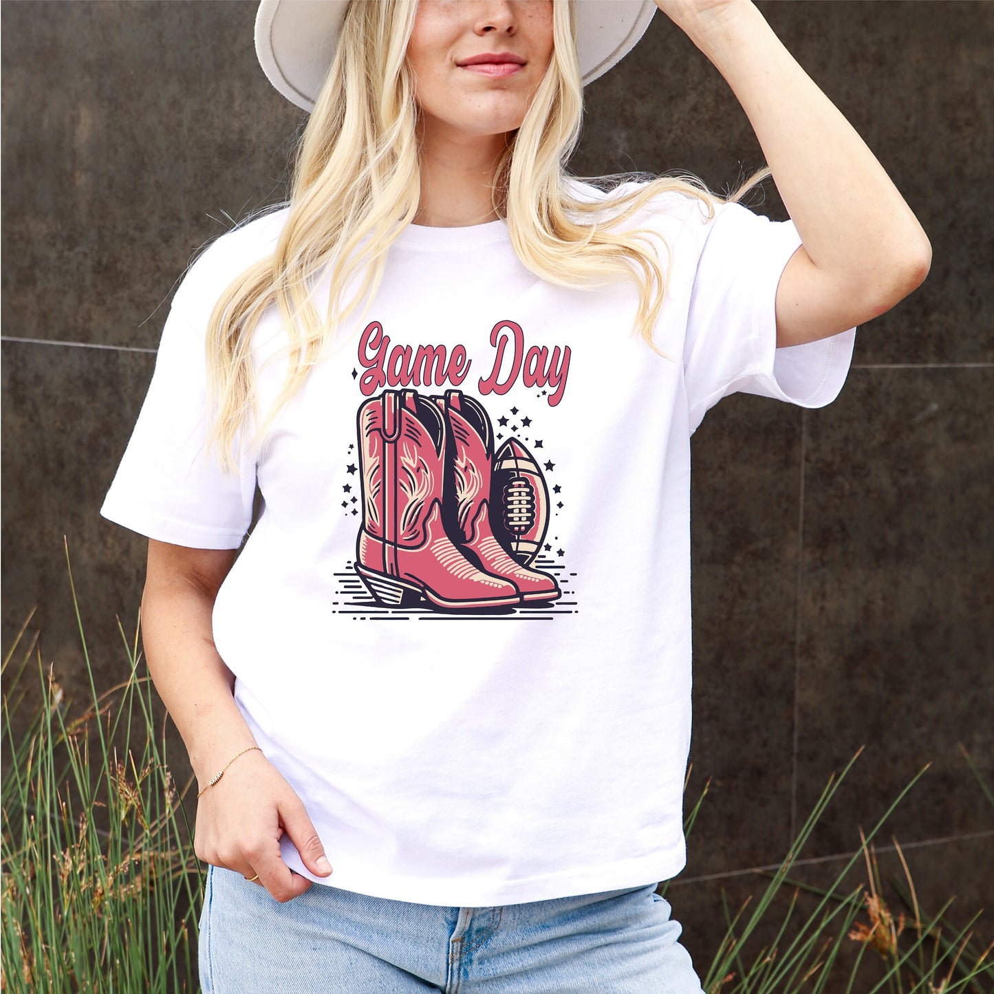 Game Day Groovy Western Football Tee - Cowboy Boots, Hot Pink, Barbie Football Girl, Sports Tee, Tailgate Tee, Boho Western Tee