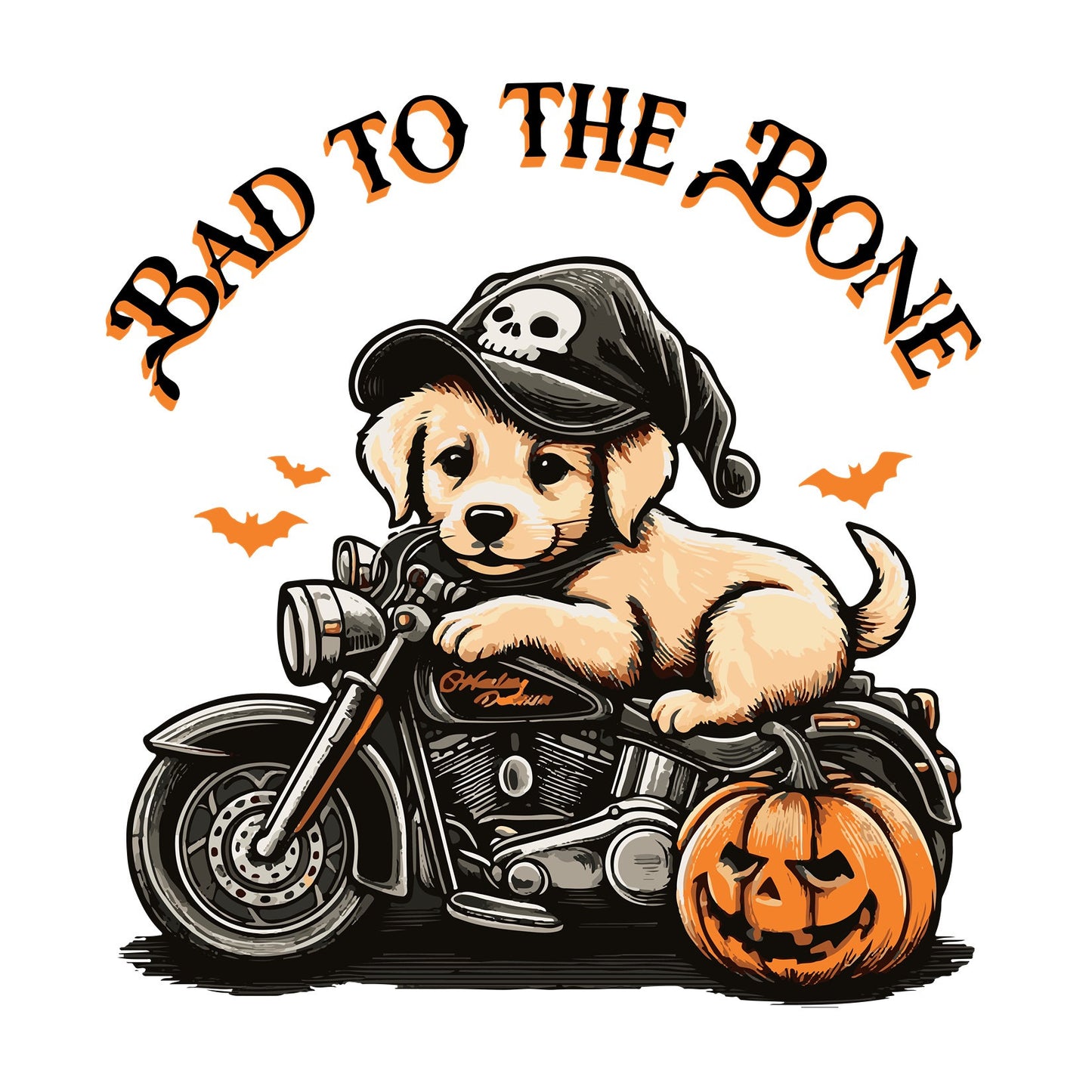 Bad to the Bone Puppy Motorcycle T-Shirt - Pumpkins, Bats, Witch Hat, Halloween Fun, Oversized Shirts, Retro Halloween, Halloween Tee