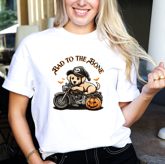 Bad to the Bone Puppy Motorcycle T-Shirt - Pumpkins, Bats, Witch Hat, Halloween Fun, Oversized Shirts, Retro Halloween, Halloween Tee