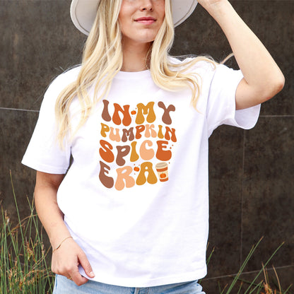 In My Pumpkin Spice Era Retro T-Shirt - Rustic Autumn Vibes, Latte, Groovy Sparkles, Retro Fall Top, Fall Shirt, Autumn Colors