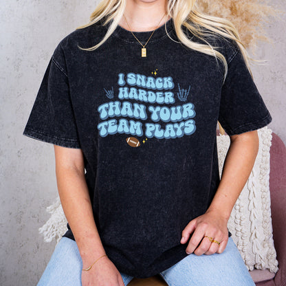 I Snack Harder Than Your Team Plays Tee - Retro Font, Rocker Hands, Game Day Fun, Wavey Design, Sports Party Events
