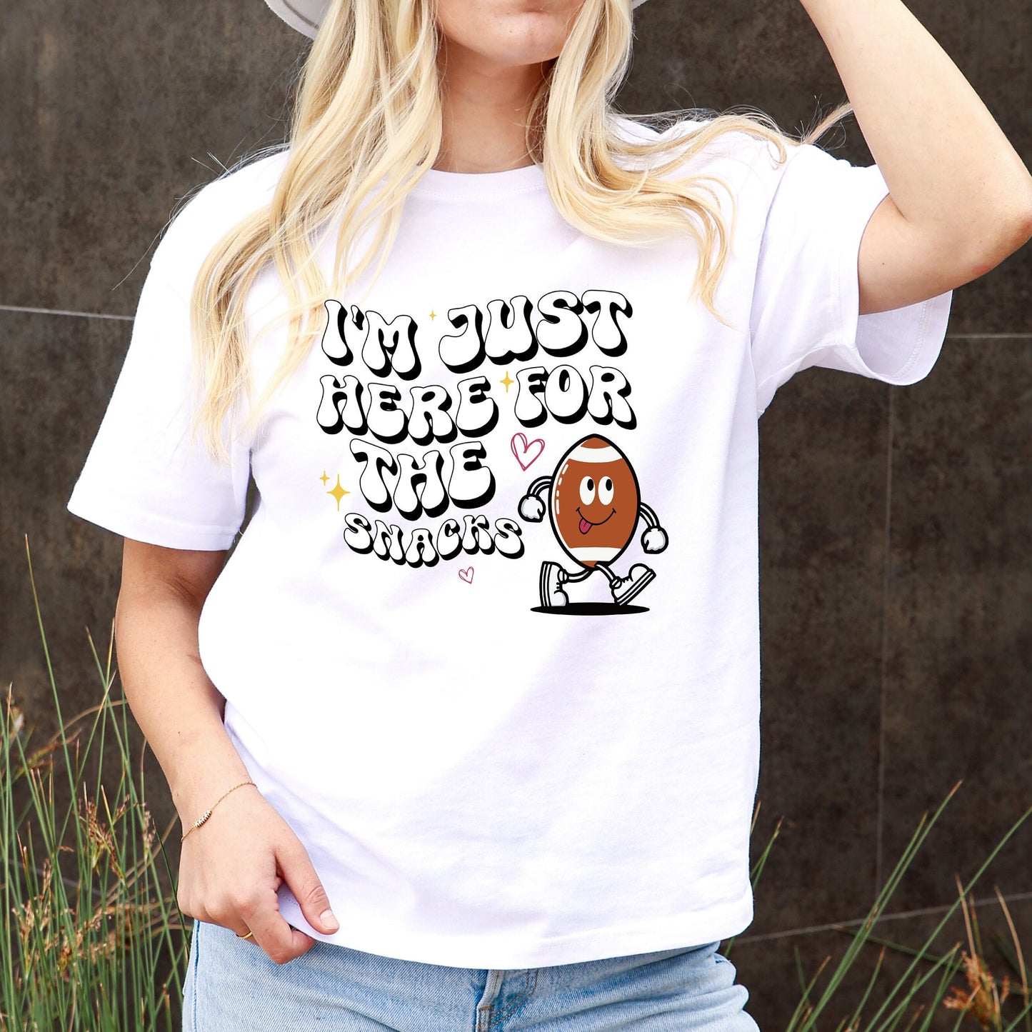 I'm Just Here for the Snacks Groovy Font Tee - Retro Football Fun