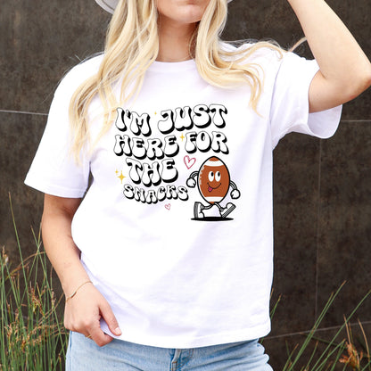 I'm Just Here for the Snacks Groovy Font Tee - Retro Football Fun